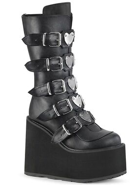 Demonia SWING-230 Platform Mid-Calf Buckle Boots in Black with Heart Accents